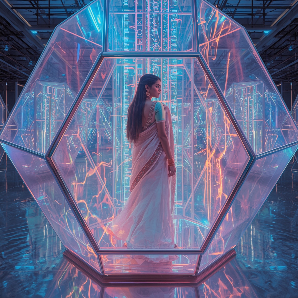 Advanced Cyberpunk Saree Look Inside Holographic Pastel Glass Terrariums | Saree Traditional Ai Prompt Indian Culture