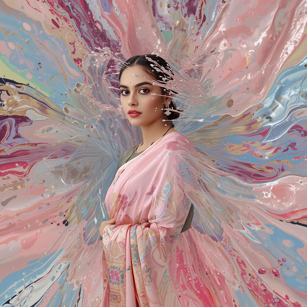 Advanced Fluid Art Aesthetic With Pastel Paint And Liquid Silver | Saree Prompt For Women