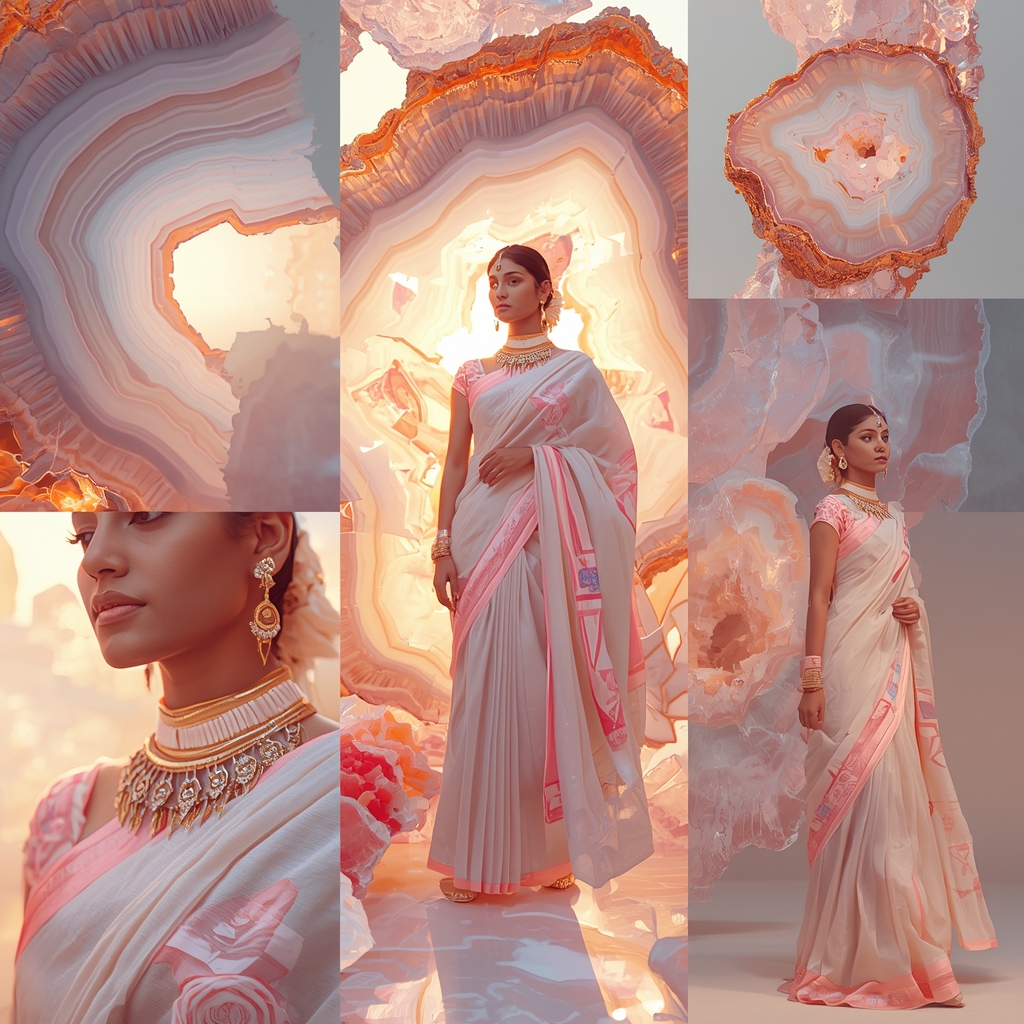 Architectural Saree Portrait Surrounded By Giant Floating Pastel Agate Slices | Bridal Saree Ai Prompt For Instagram Reel