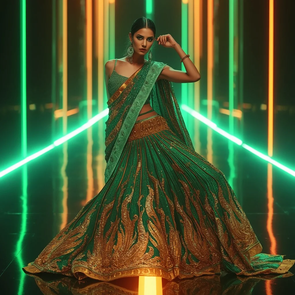Aurora Emerald Flame Saree with Floating Prism Highway | Saree Photo Ai Prompt