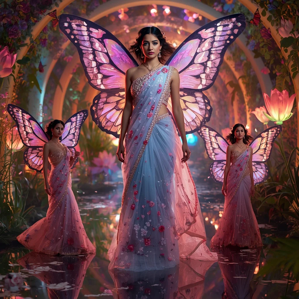 Aurora Lotus Butterfly Saree – Multi-Pose Floral Couture with Fantasy Garden Background | Cute Ai Prompt