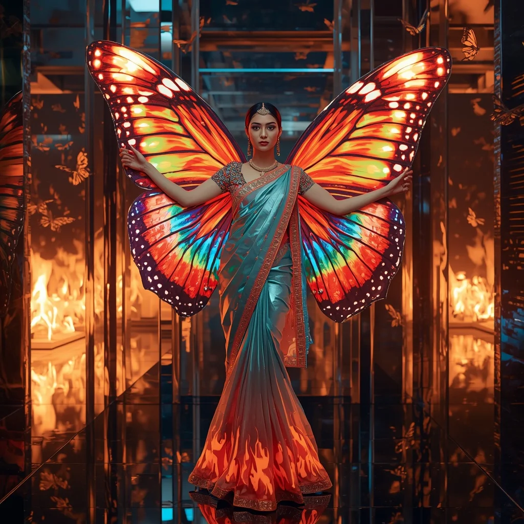 Aurora Phoenix Butterfly Saree with Futuristic Fire Prism Background | Midjourney Prompt List