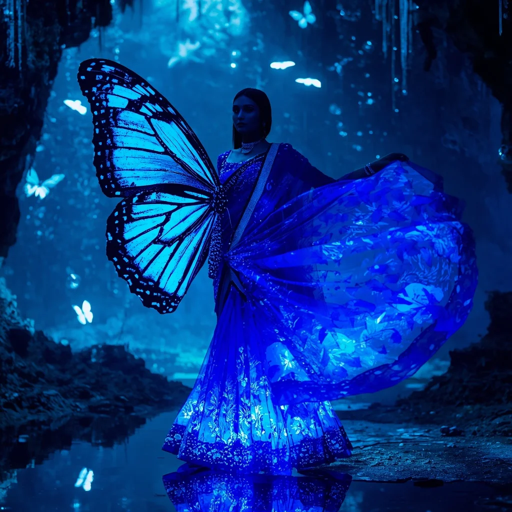 Bioluminescent Blue Morpho Saree with Underwater Fantasy Background | Indian Girl Ai Prompt