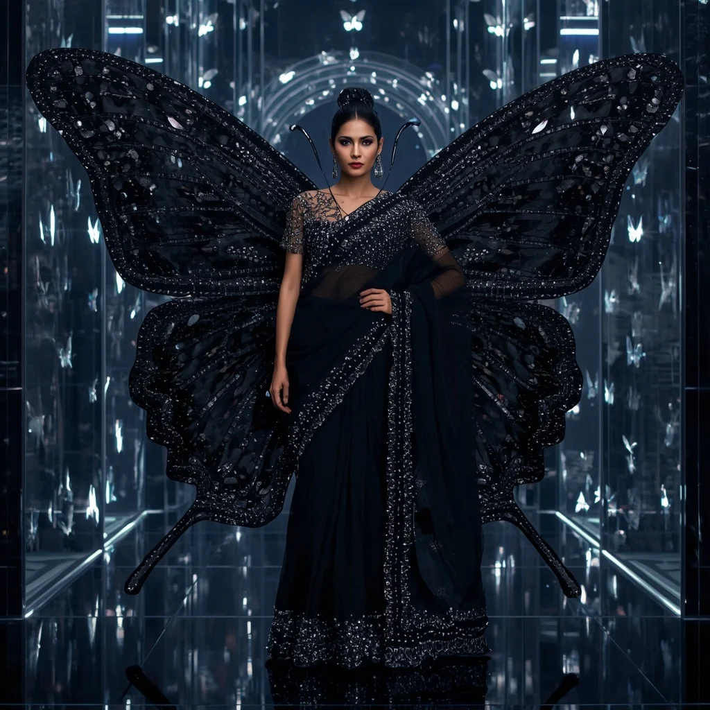 Black Diamond Butterfly Saree with Futuristic Noir Palace Background | Free Ai Prompt