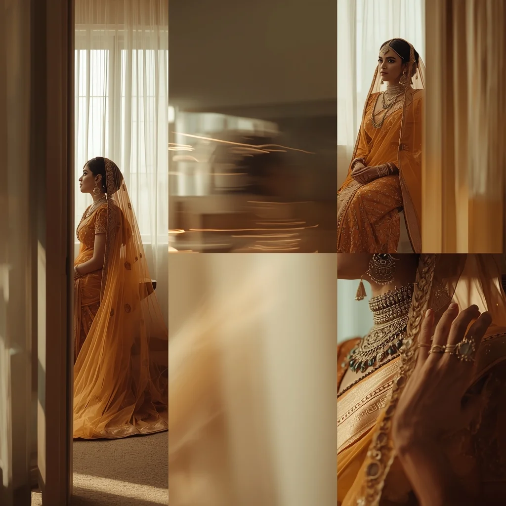 Bridal Window + Motion Blur + Reflection Hybrid Collage | Cinematic Dual Reality Prompt | Saree Pose Ai Prompt