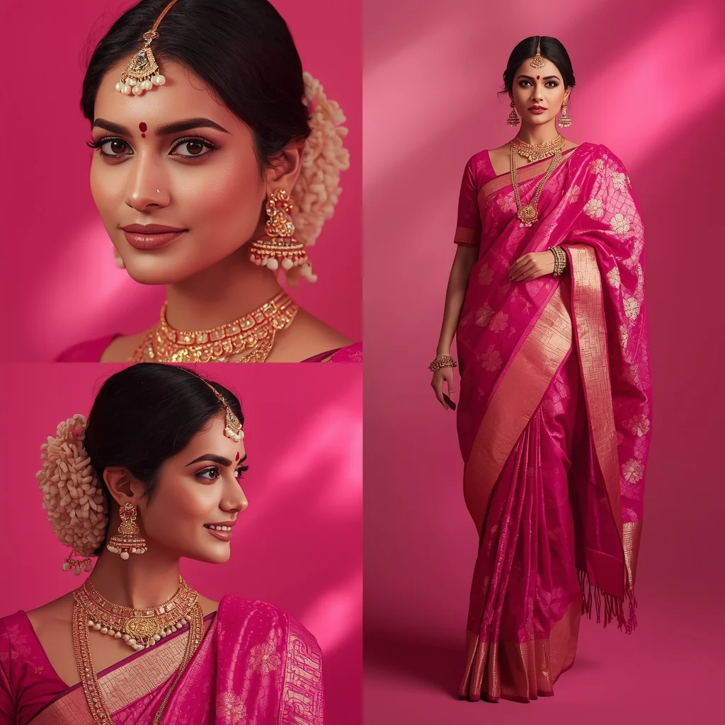 Bright Magenta Pink Traditional Saree Indian Woman Premium Composition | Makeup Ai Prompt