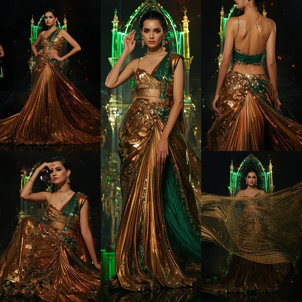 Bronze Aurora Flame Saree with Holographic Arc Palace | Trending Ai Prompt