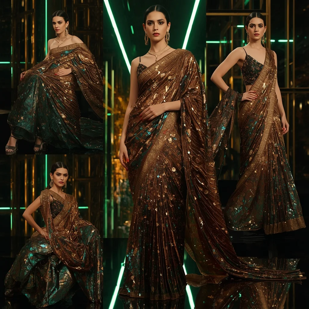 Bronze Galaxy Saree with Floating Reflective Bridges | Ai Photo Prompt