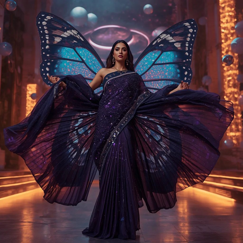 Butterfly Galaxy Saree with Floating Cosmic Lights | Art Ai Prompt