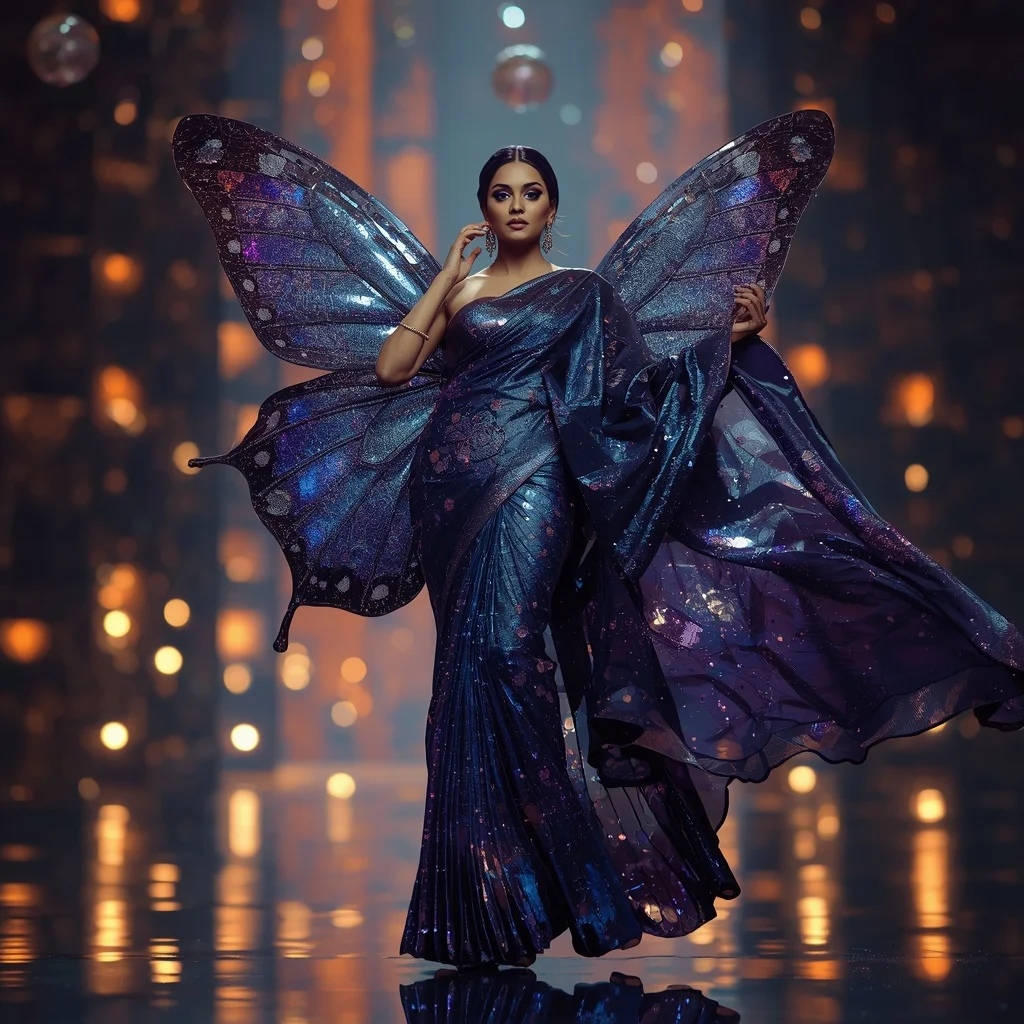 Butterfly Galaxy Saree with Floating Cosmic Lights | Travel Ai Prompt