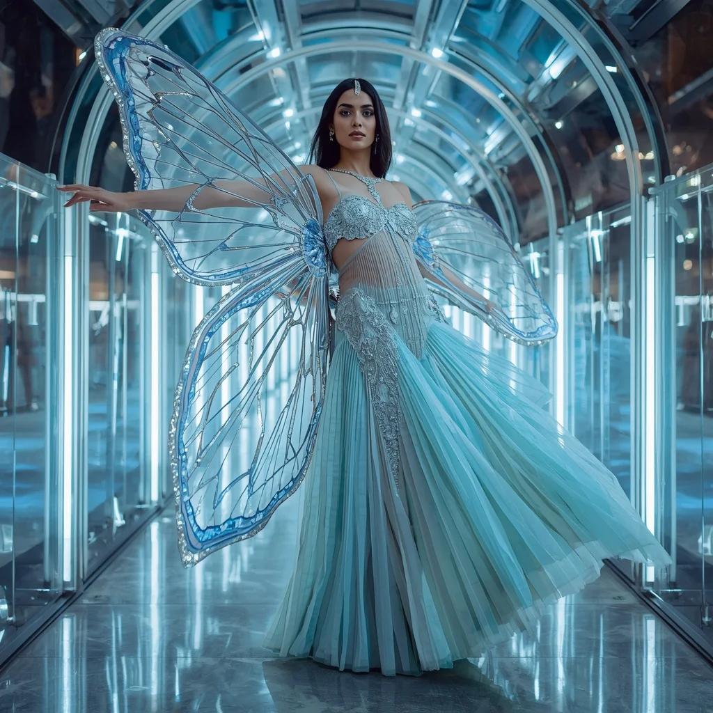 Butterfly Mirage Saree with Crystal Tunnel Architecture | Desi Girl Ai Prompt