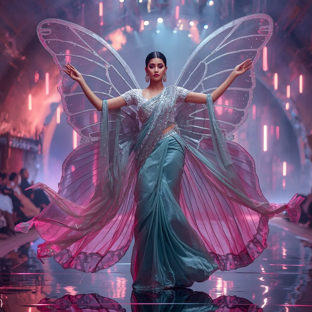 Celestial Butterfly Couture Saree with Floating Aurora Lights | Gemini Ai Photo Prompt