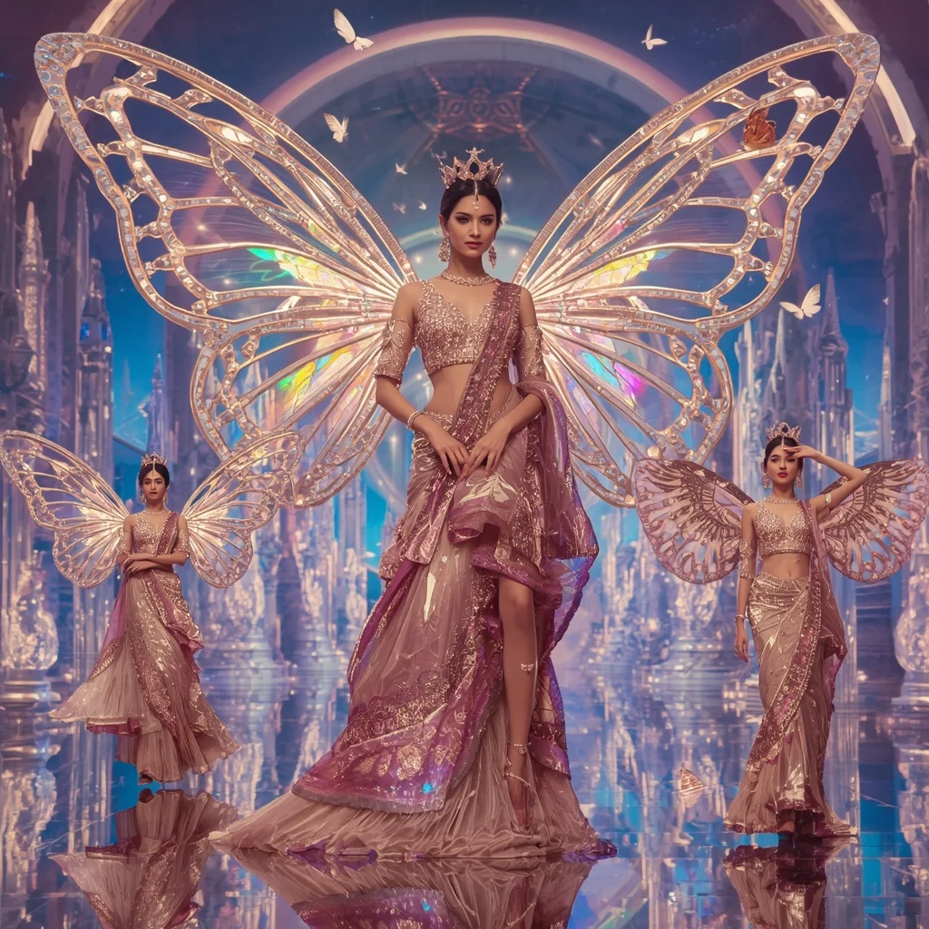 Celestial Butterfly Queen Multi-Pose Saree Couture – Ultra Luxury Crystal Fashion Collage with Fantasy Aurora Palace Background | Ultra Realistic Ai Prompt