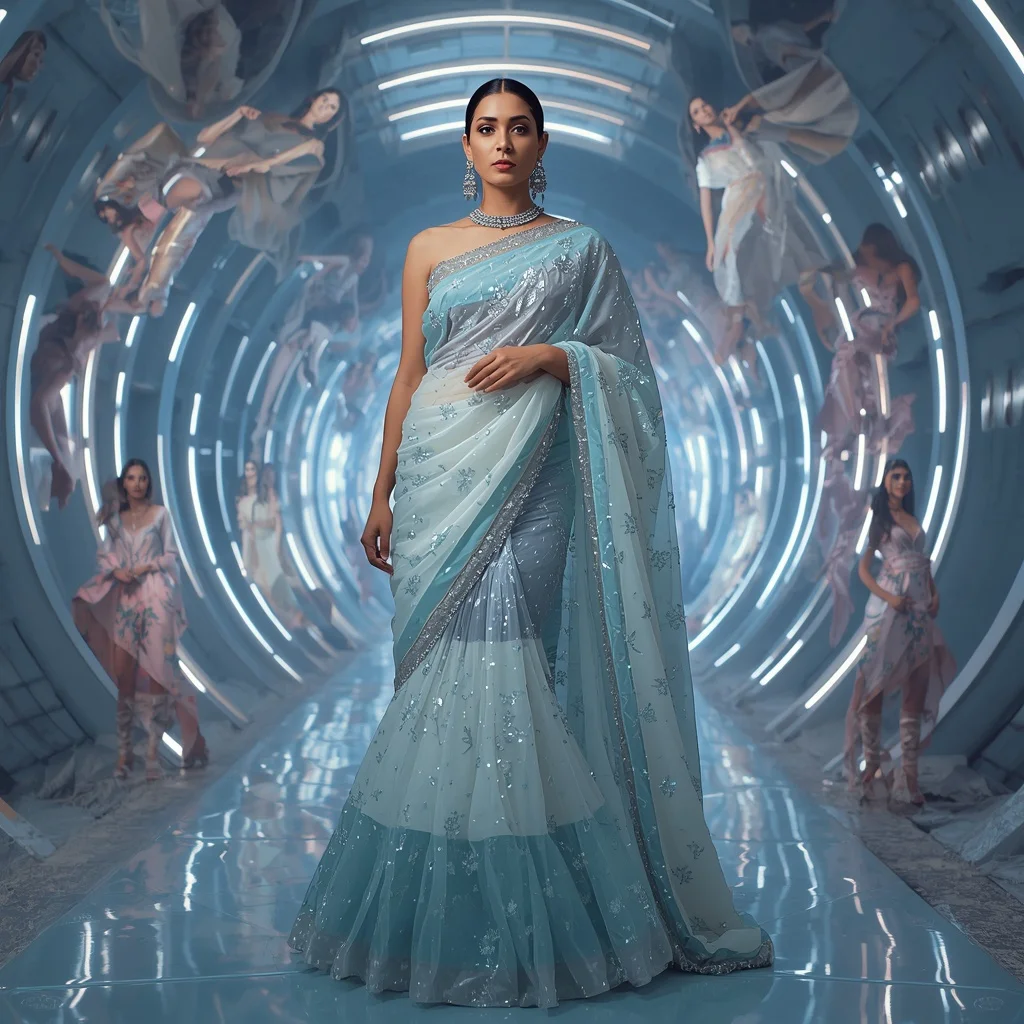 Celestial Moon Prism Saree with Futuristic Spiral Temple | Saree Profile Pic Ai Prompt