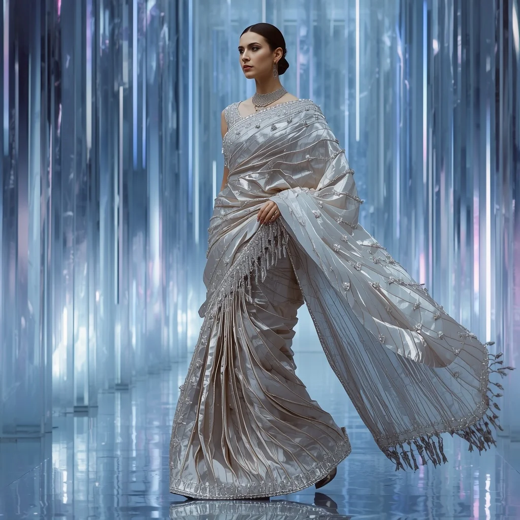 Celestial Moonstone Mirror Saree with Infinity Crystal Palace | Indian Bride Saree Ai Prompt