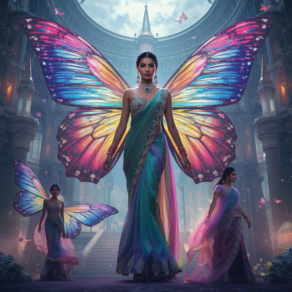Celestial Rainbow Butterfly Saree with Multiple Fantasy Poses and Floating Castle Background | Romantic Ai Prompt