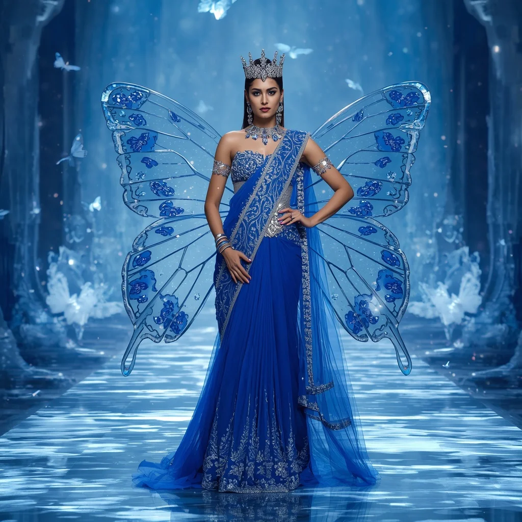 Celestial Sapphire Butterfly Queen Saree with Frozen Crystal Galaxy Background | Copy Paste Ai Prompt