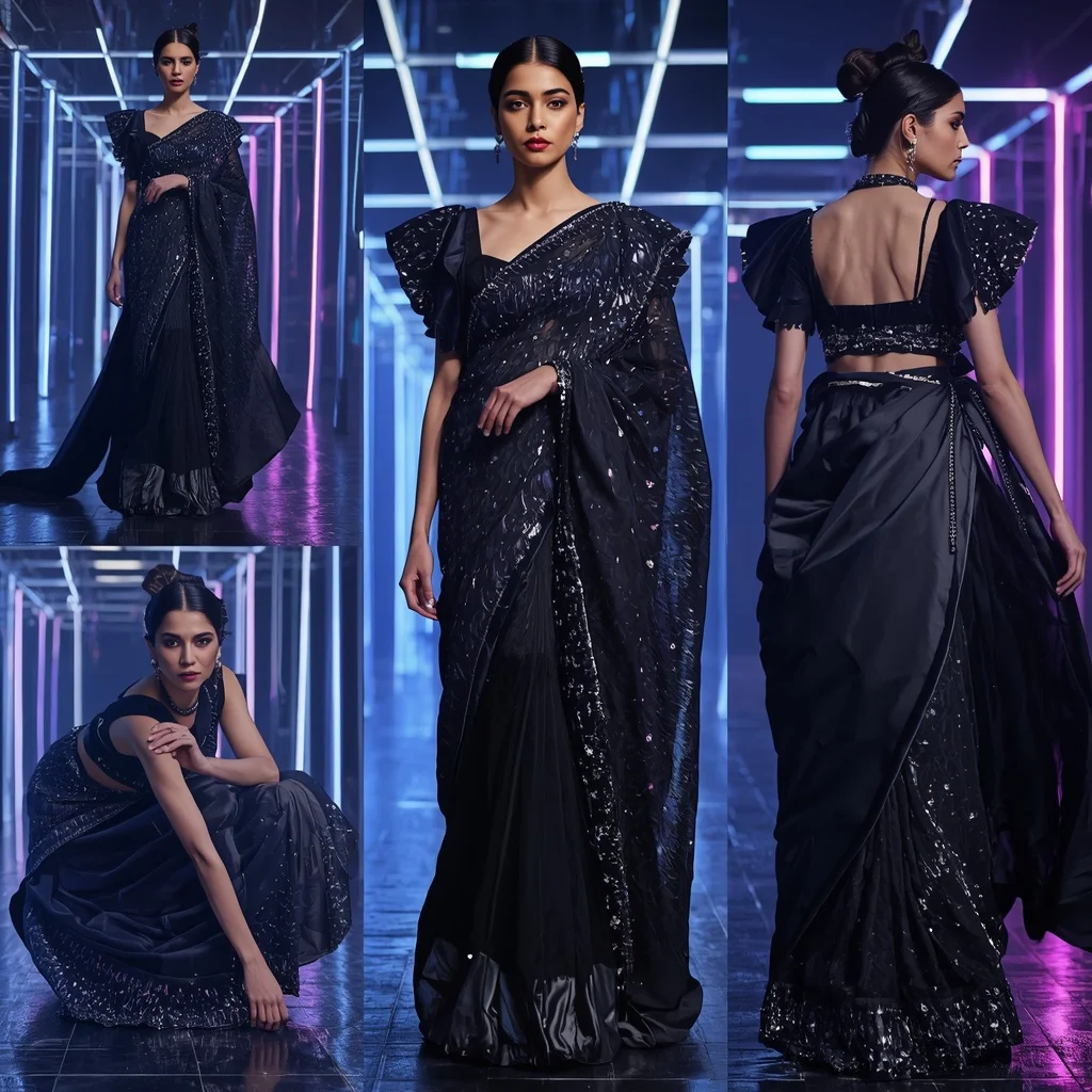 Celestial Shadow Saree with Futuristic Neon Canopy | Easy Ai Prompt