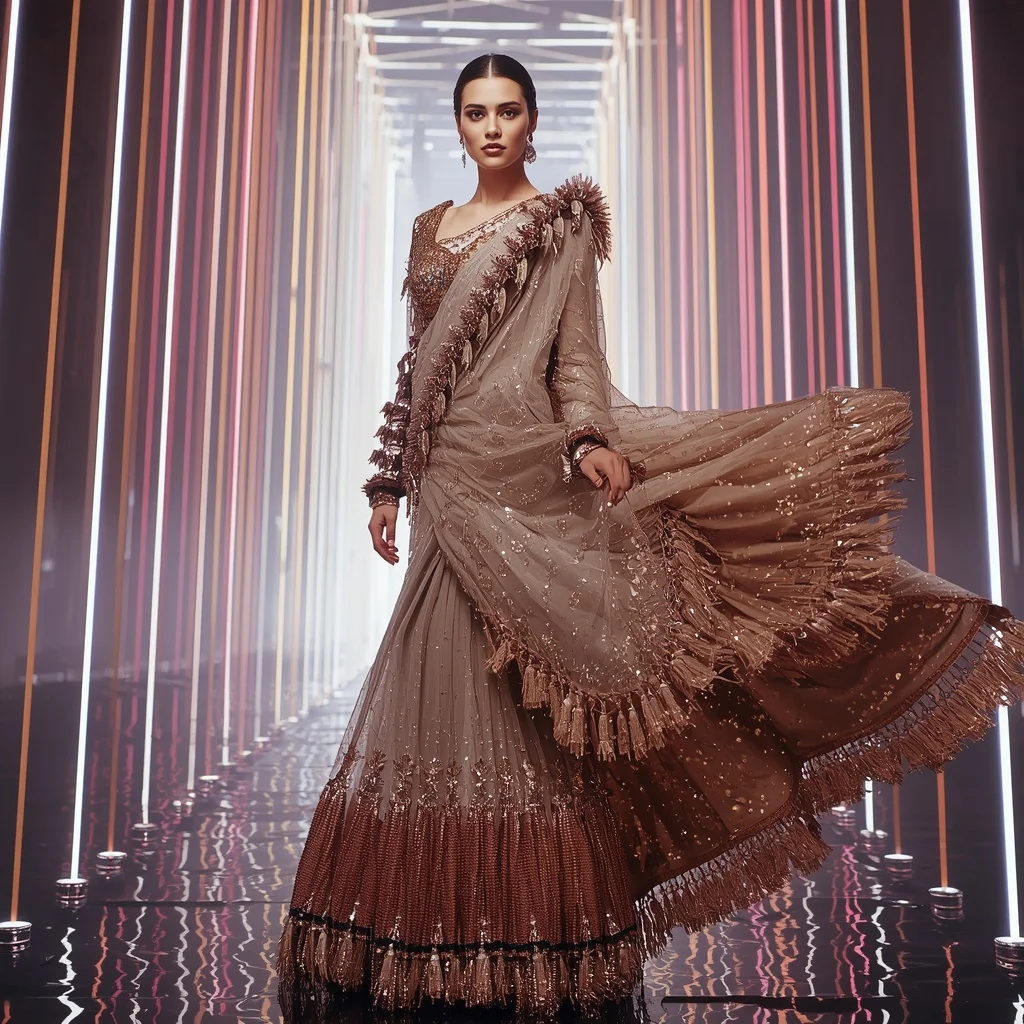 Champagne Aurora Crystal Saree with Floating Laser Cathedral | Saree Instagram Ai Prompt
