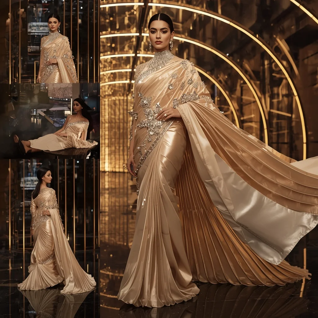 Champagne Eclipse Saree with Curved Light Sculpture Hall | Girl Photo Prompt Gemini