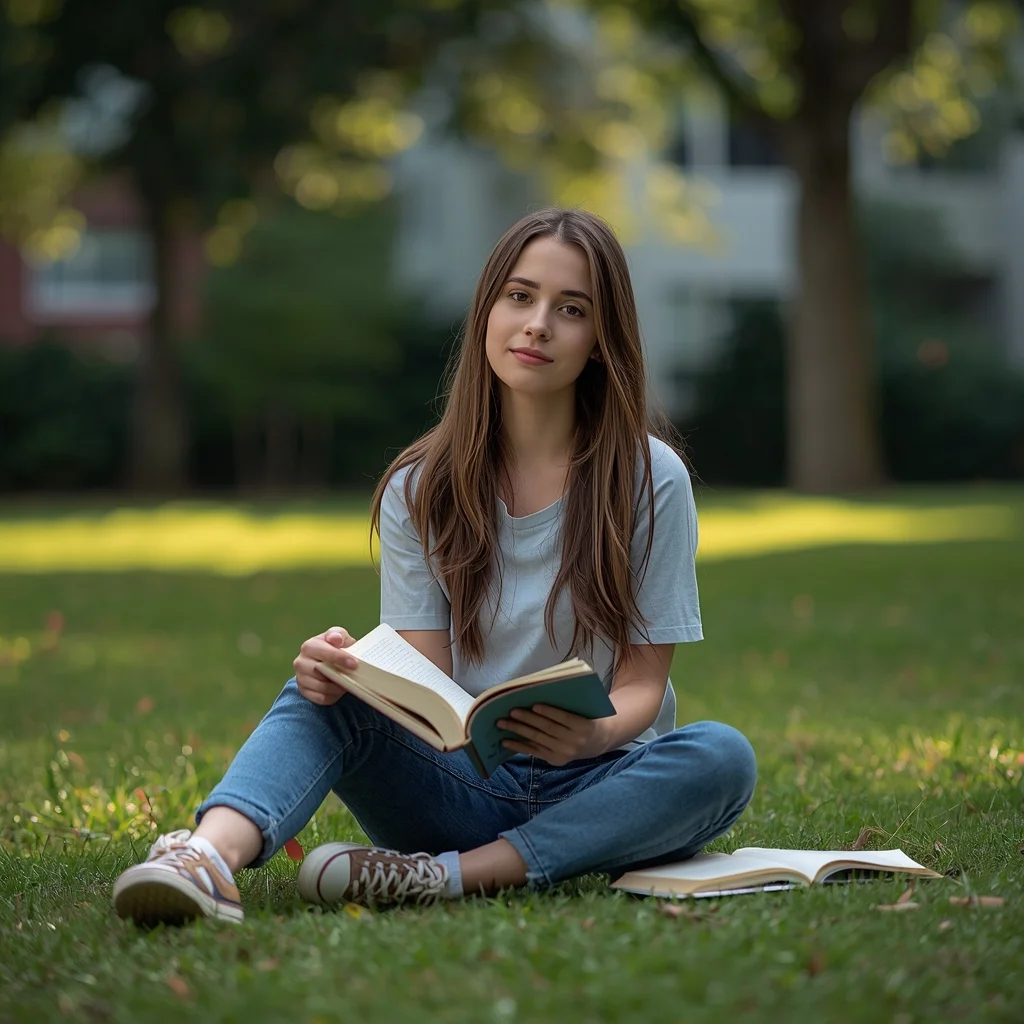 College Ground Sitting Girl with Books – Relaxed Study Vibe | Studio Photo Prompts