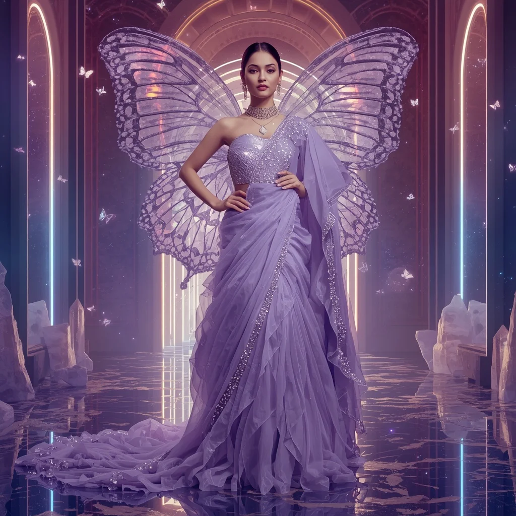 Cosmic Lavender Butterfly Mirage Saree with Galaxy Fantasy Hall Background | Sora Ai Prompt