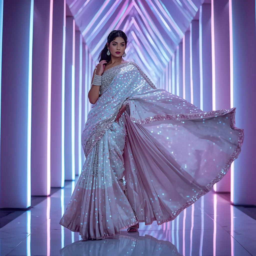 Cosmic Pearl Mirage Saree with Dynamic Neon Prism Towers Hall | Cute Ai Prompt