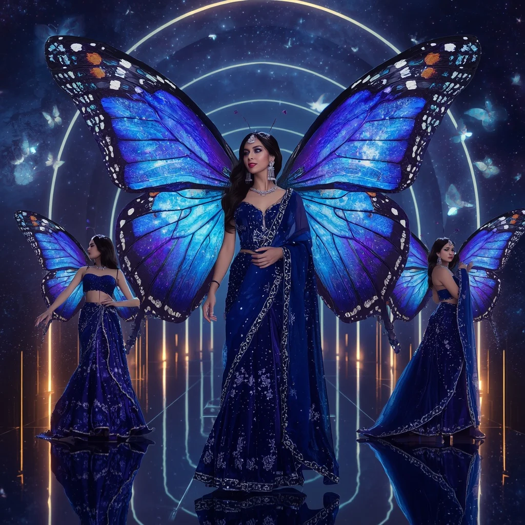 Cosmic Sapphire Butterfly Saree – Multi-Pose Galaxy Couture with Celestial Fantasy Palace Background | Ai Prompt For Instagram