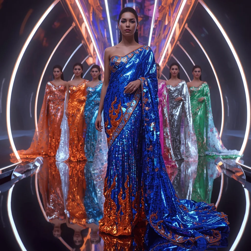 Cosmic Sapphire Flame Saree with Reflective Fashion Clone Poses and Infinity Neon Quantum Hyperrealm | Saree Ai Prompt