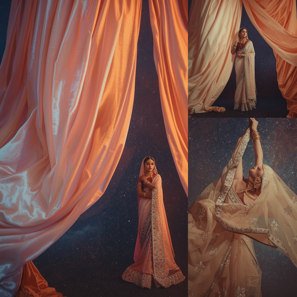 Cosmic Velvet Drapes Aesthetic For Elegant Pastel Indian Saree Portrait | Saree Look Ai Prompt Modern Style