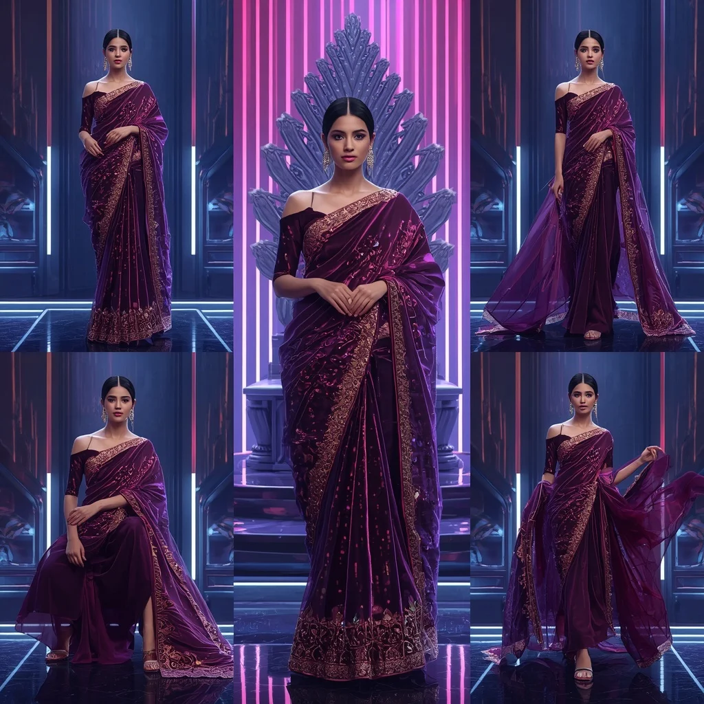 Cosmic Velvet Festival Saree with Floating Neon Throne Kingdom | Saree Prompt For Gemini Ai