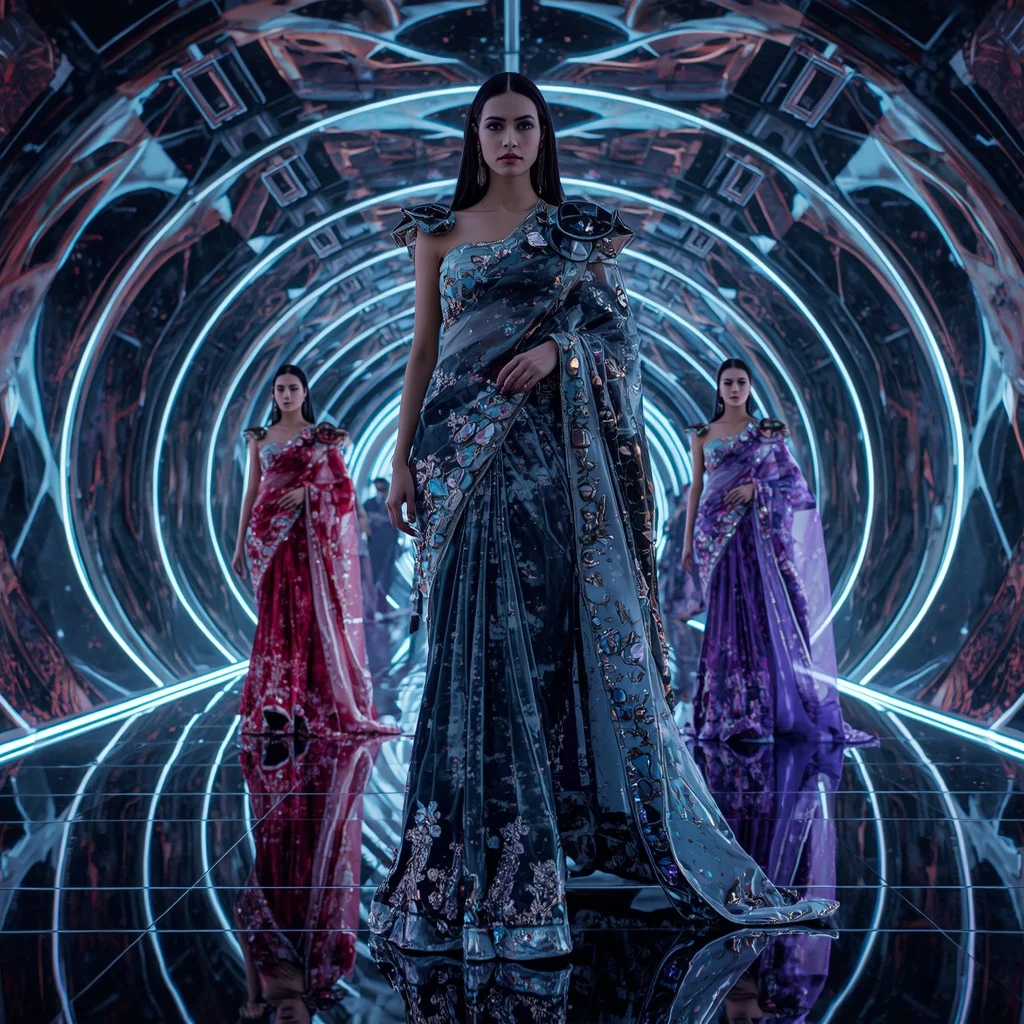 Cosmic Velvet Infinity Saree with Infinite Editorial Clones and Neon Crystal Hyperdome | Modern Design Ai Prompt