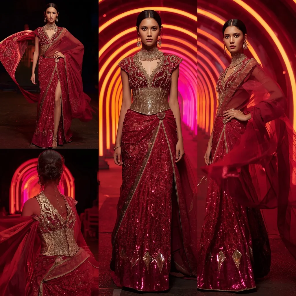 Crimson Crystal Dynasty Saree with Neon Palace Tunnel | Ai Selfie Prompt