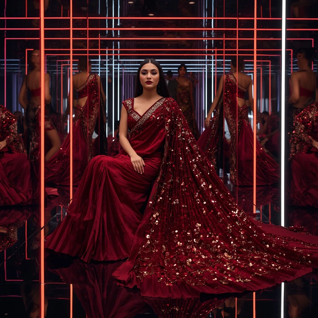 Crimson Galaxy Royale Saree with Infinite Mirror Tunnel | Prompt Gemini