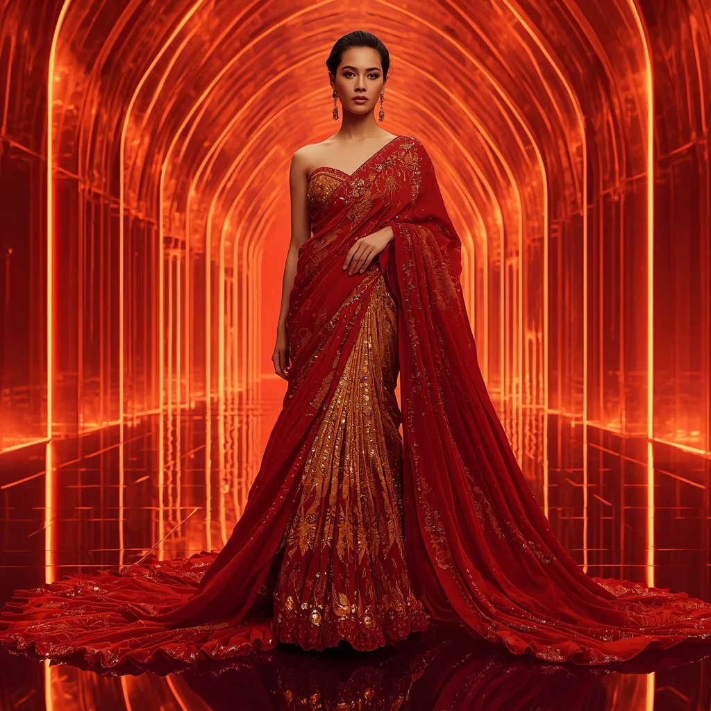 Crimson Solar Empress Saree with Infinity Fire Cathedral | Saree Look Ai Prompt
