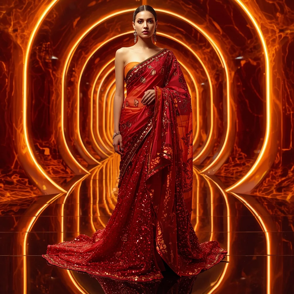 Crimson Solar Majesty Saree with Infinity Lava Empire | Saree Photoshoot Prompt Ultra Realistic