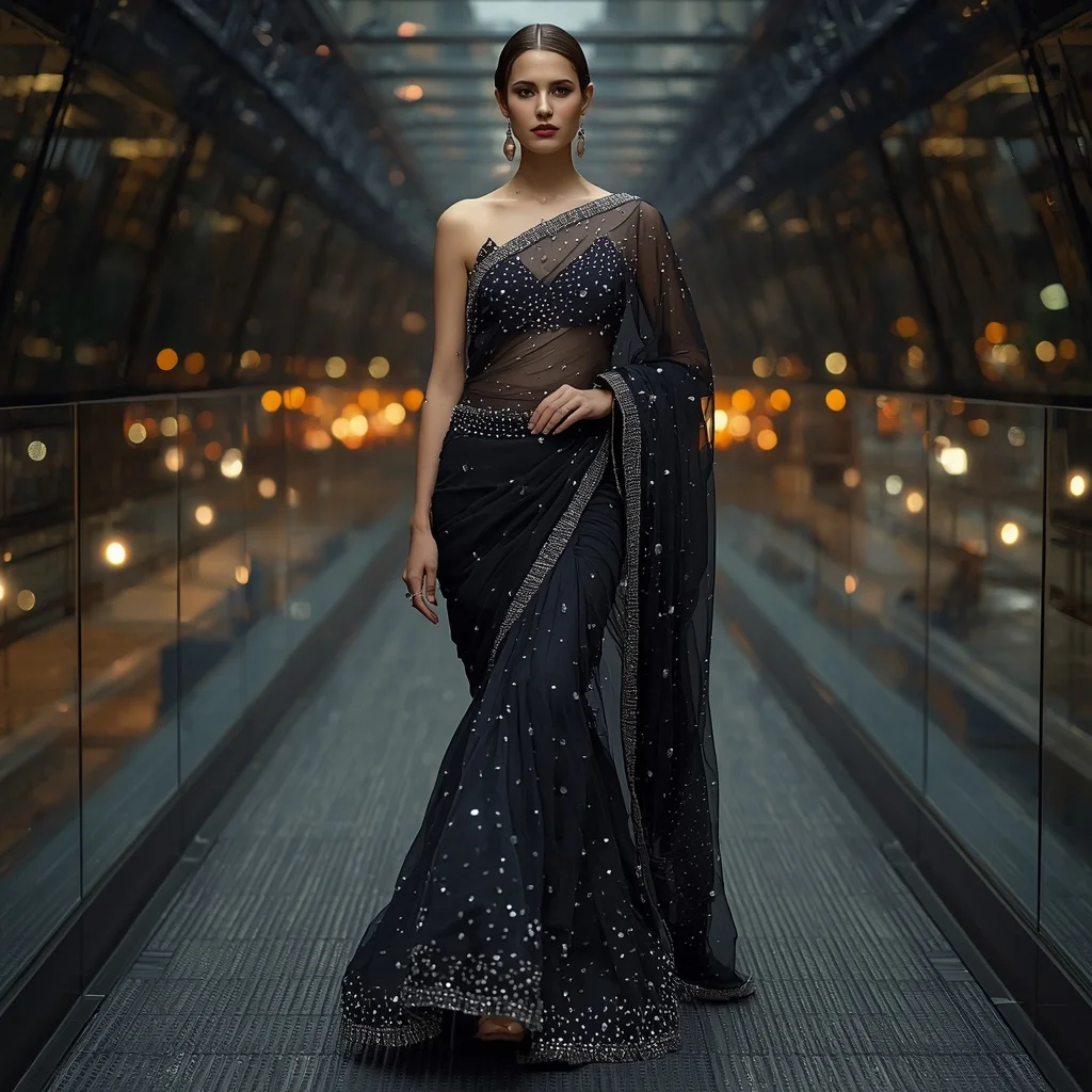 Crystal-Encrusted Organza Saree in Glass Architecture | Saree Ai Prompt