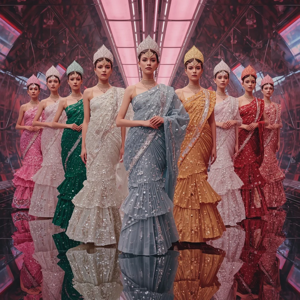 Crystal Lotus Infinity Queen Saree with Floating Editorial Poses and Aurora Mirror Quantum Hypercosmos | Festive Prompt