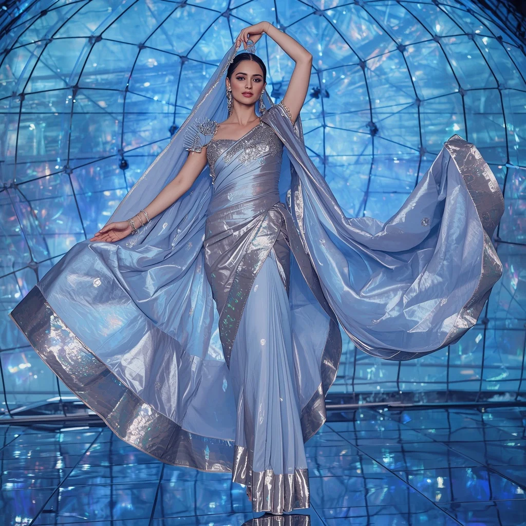 Crystal Pulse Saree with Holographic Dome Grid | Instagram Viral Photo Ai Prompt