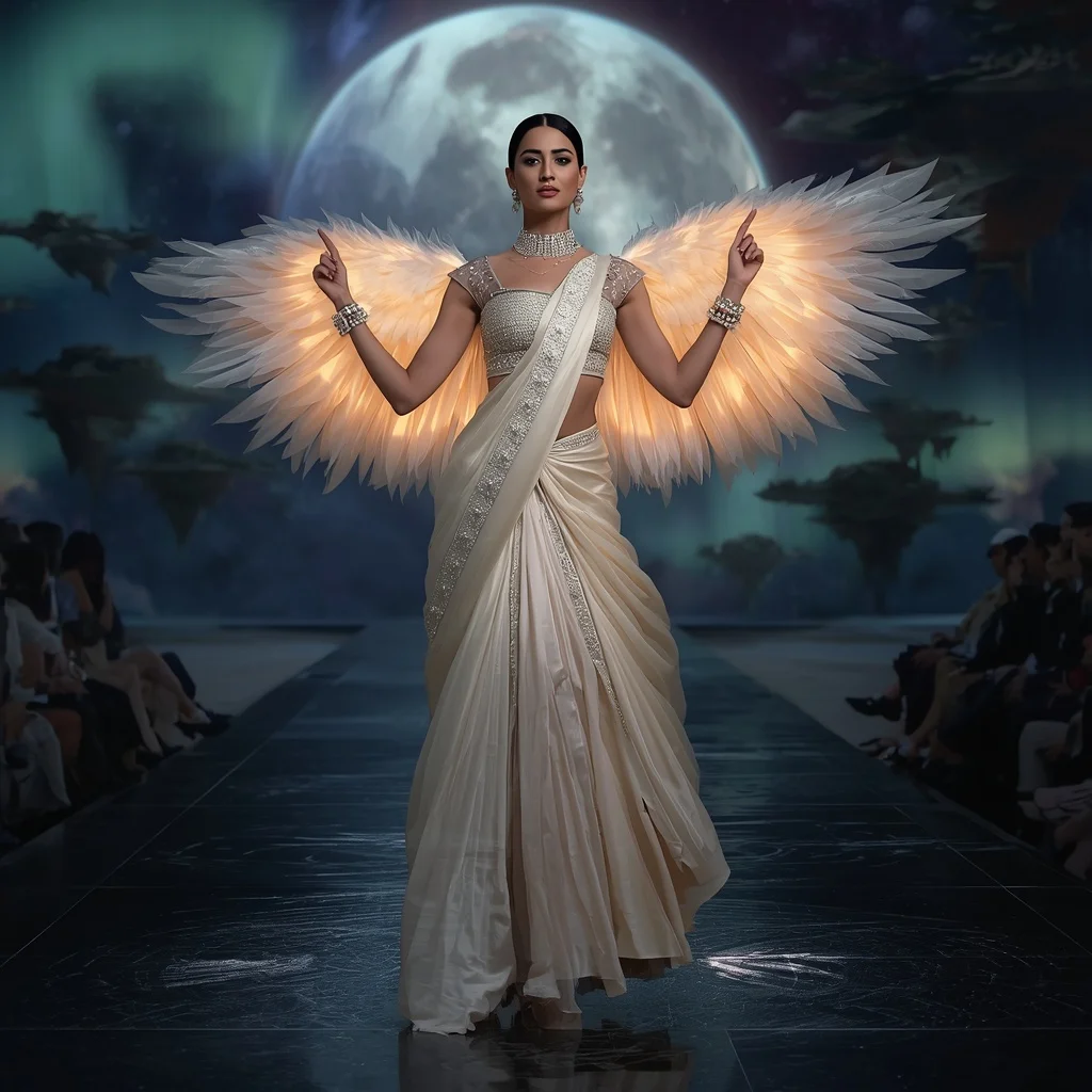 Crystal Swan Aurora Celestial Saree Fashion Pose with Floating Moon Sanctum Background | Gemini Ai Prompt Copy Paste