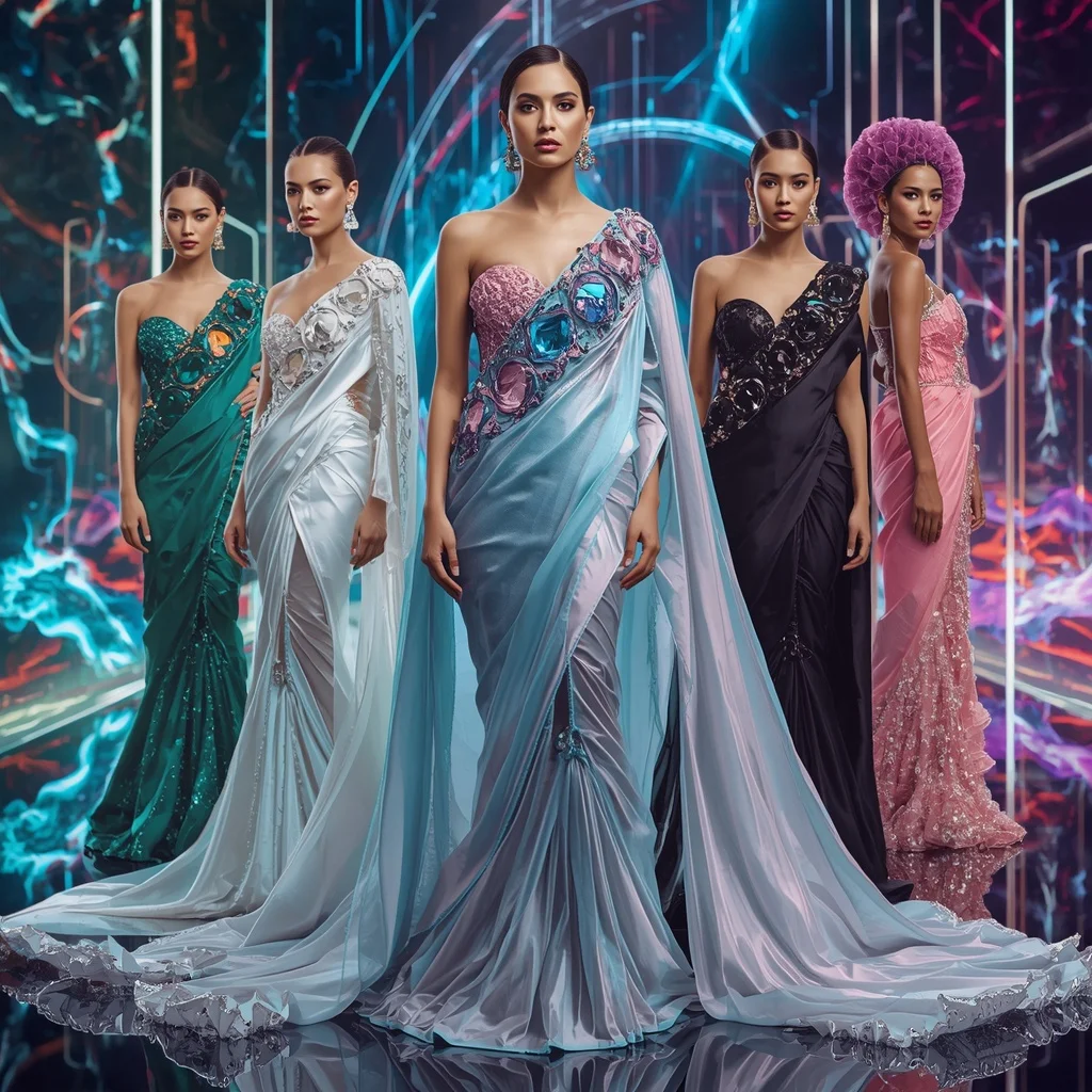 Crystal Waterfall Celestial Hyperqueen Saree with Cinematic Runway Poses and Neon Glass Infinity Hypercosmos | Face Ai Prompt