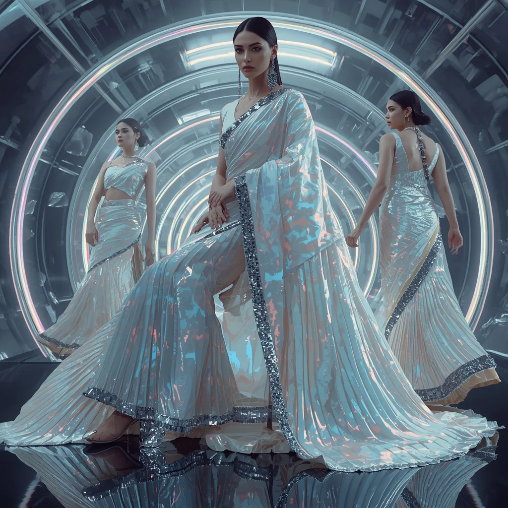 Cyber Pearl Couture Saree with Floating Glass Rings | Gemini Photo Prompt