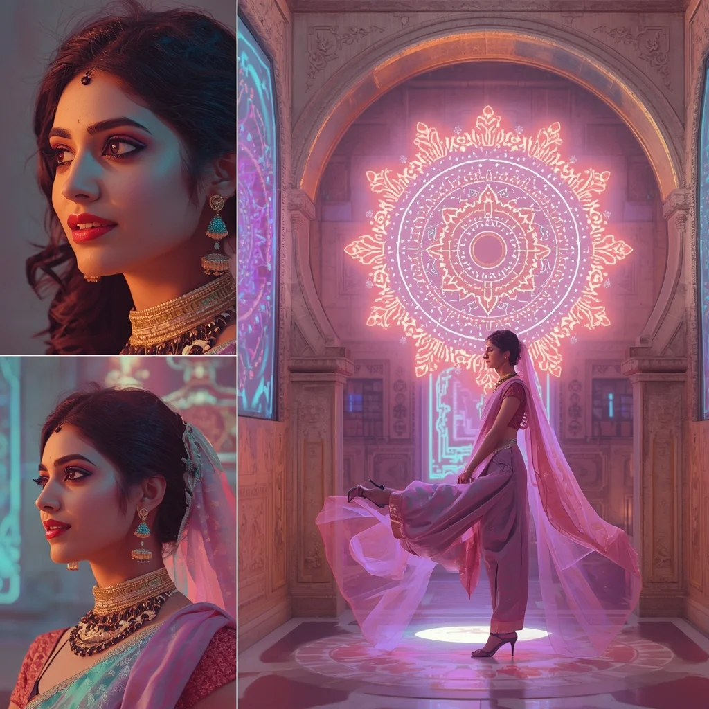 Cyberpunk Heritage Saree Portrait With Holographic Pastel Circuit Mandalas | Saree Ai Prompt