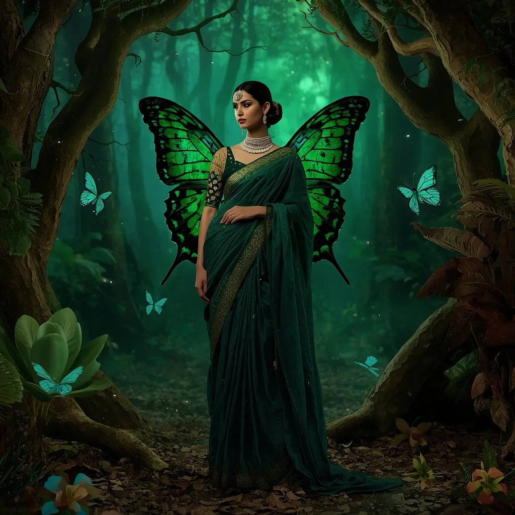 Deep Forest Moss Butterfly Saree with Ancient Enchanted Forest Background | Gym Influencer Ai Prompt