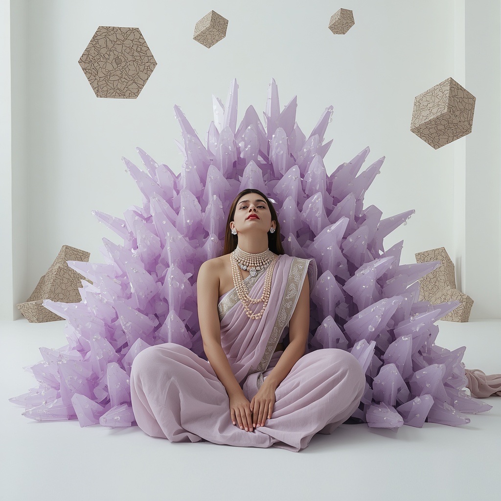 Dense 3D Acrylic Shard & Heavy Pearl Rope Lattice Pastel Lavender Saree | Cross-Legged Upward Stare Pose | Gemini Saree Prompt Text