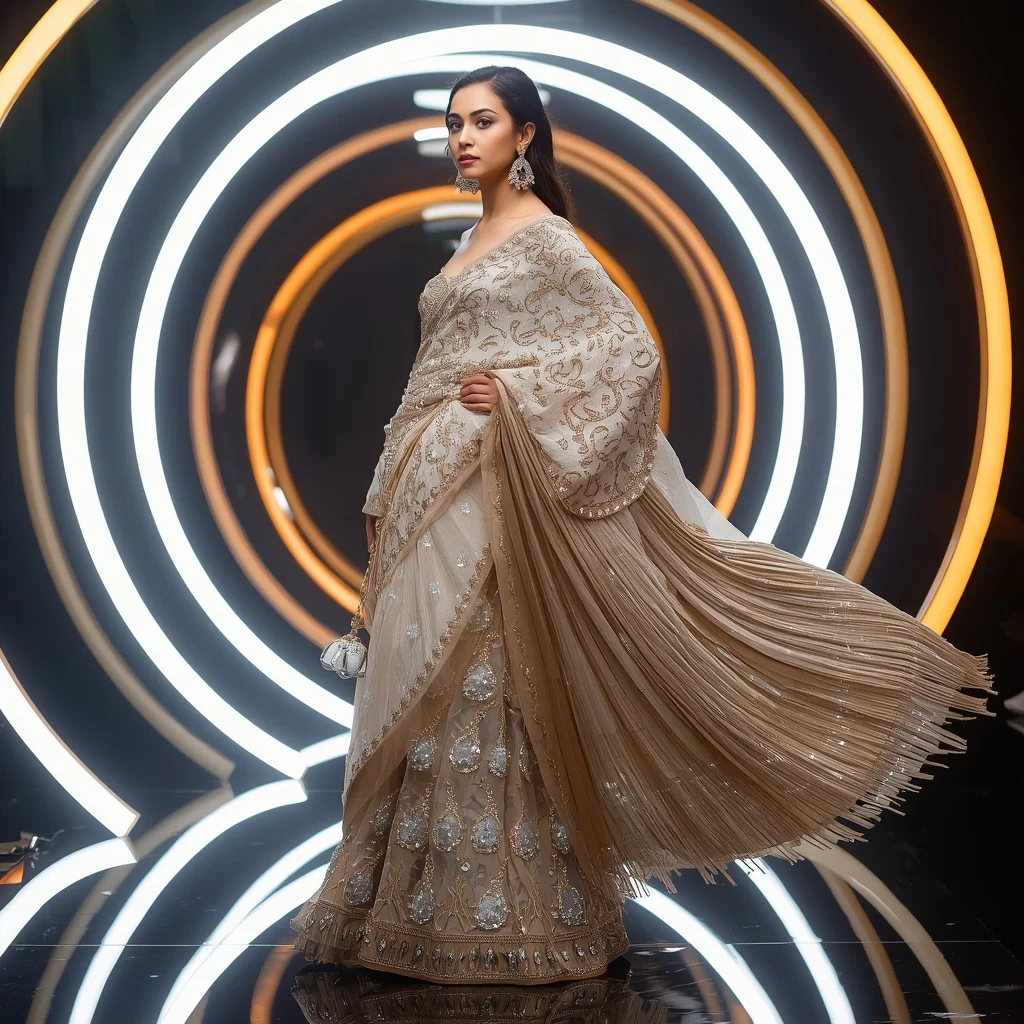 Diamond Flame Aurora Saree with Curved Neon Royal Rings | Gemini Ai Photo Prompt
