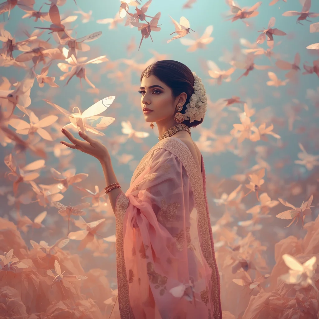 Dreamy Pastel Saree Look With Levitating Glowing Origami Dragonflies | Saree Girl Ai Prompt