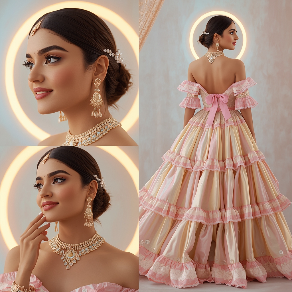 Dreamy Pastel Tiered Ruffle Gown Western Traditional Composition | Saree Look Ai Prompt