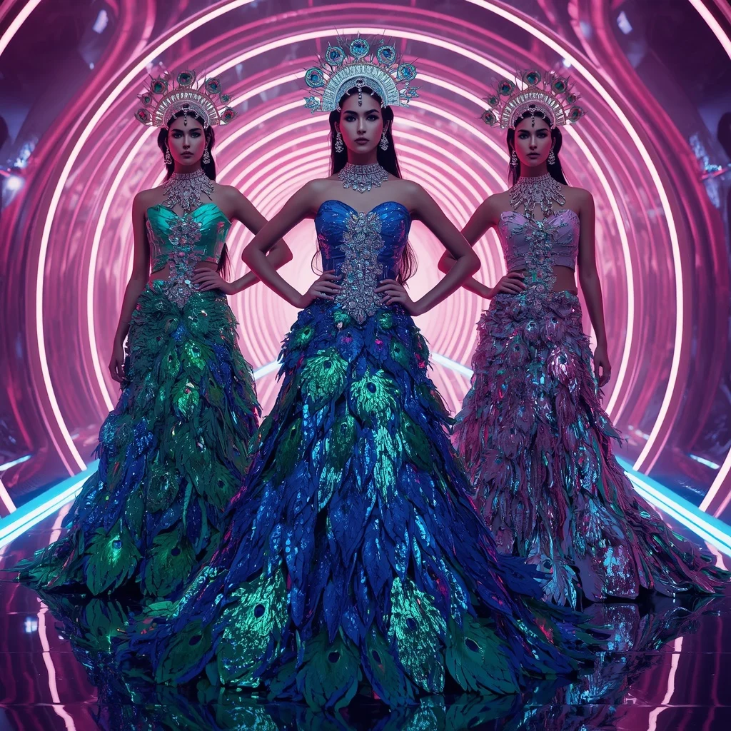 Electric Peacock Crown Saree with Infinity Neon Fortress | Bridal Saree Ai Prompt For Instagram Reel