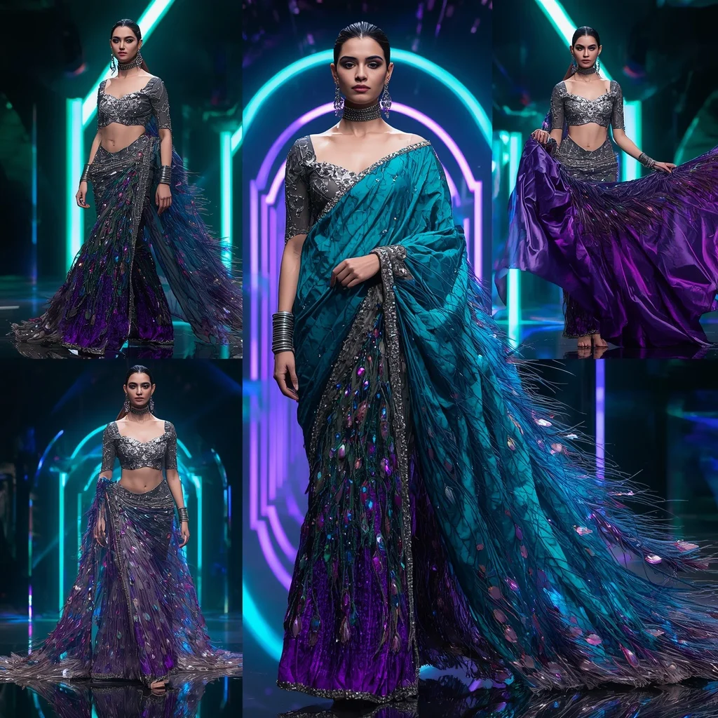 Electric Peacock Fantasy Saree with Floating LED Arches | Lighting Ai Prompt